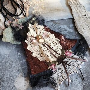 Deigner  Shabby Chic Jabot Large Cameo Pink Magnolia Rose Black Bow tie